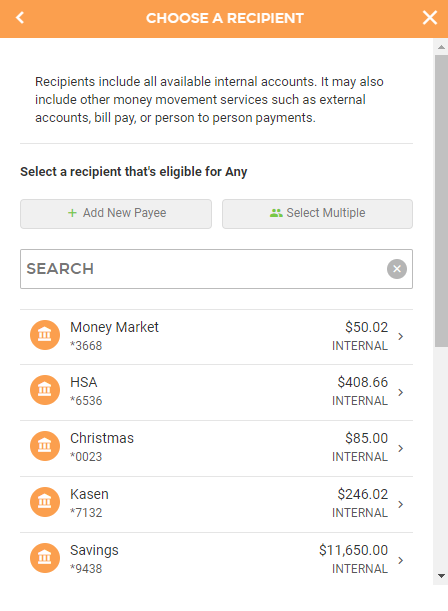 screenshot of choosing recipients in the move money feature in digital banking