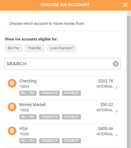 screenshot of choosing an accounts in the move money feature in digital banking