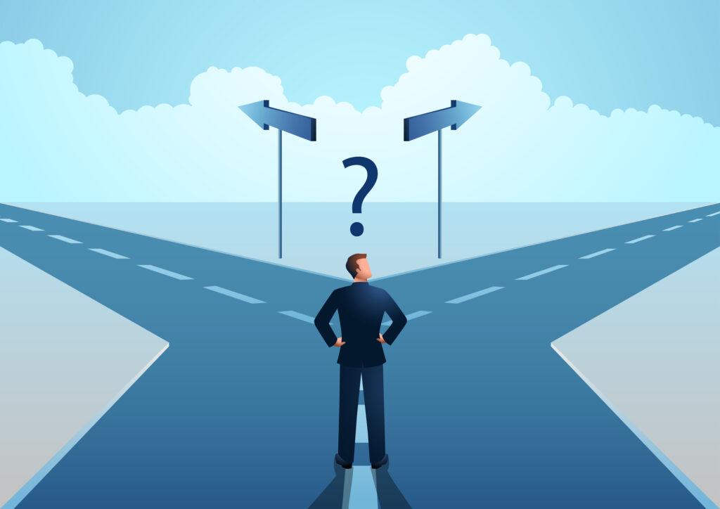 Business concept illustration of a businessman choosing which path he should go