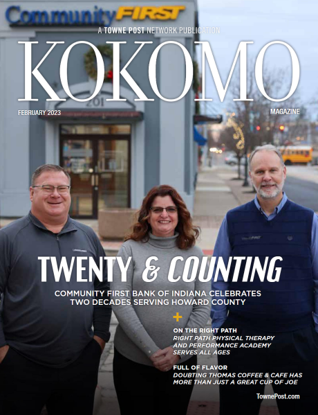 Cover of February 2023 Kokomo Magazine, featuring Community First Bank of Indiana's 20th Anniversary