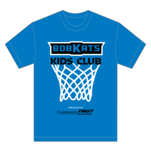 2023 design of the Bobkats Kids Club t-shirt, presented by Community First Bank of Indiana