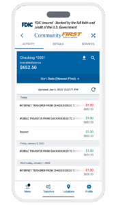 example of Community First Bank mobile app